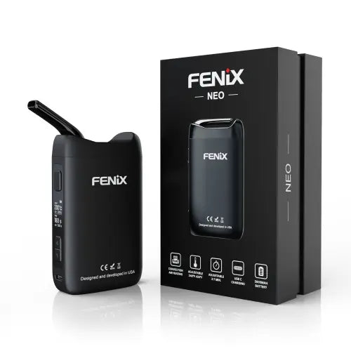 Fenix NEO Vaporizzatore visto frontalmente, in posizione verticale accanto alla confezione